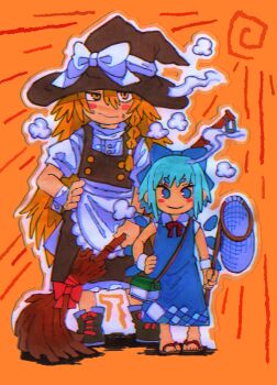 2girls absurdres apron black_shoes black_skirt black_vest blonde_hair blue_bow blue_dress blue_hair blush_stickers bow breath broom butterfly_net cirno commentary_request dress footwear_bow hair_between_eyes hair_bow hand_net hand_on_own_hip hat hat_bow highres holding holding_broom holding_butterfly_net ice ice_wings inuyama_konan kirisame_marisa multiple_girls no_pupils orange_background red_bow sandals shirt shoes skirt smile spiral sweat thick_eyebrows touhou vest waist_apron white_bow white_shirt wings witch_hat wrist_cuffs