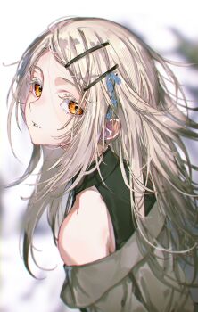 Rule 34 | 1girl, absurdres, blonde hair, blurry, blurry background, colored eyelashes, commentary, dutch angle, gakuen idolmaster, gradient hair, green jacket, grey hair, hair ornament, hairpin, hanozuku, highres, idolmaster, jacket, long hair, looking at viewer, looking to the side, multicolored hair, multiple hairpins, orange eyes, shinosawa hiro, solo, upper body