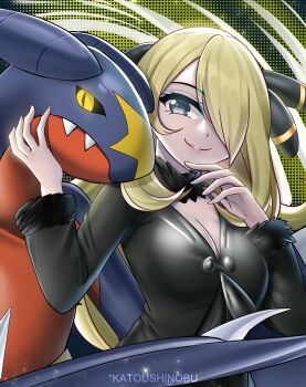 1girl absurdres artist_name black_shirt blonde_hair breasts cleavage commentary commentary_request cynthia_(pokemon) english_commentary fur-trimmed_sleeves fur_collar fur_trim garchomp gen_4_pokemon grey_eyes hair_over_one_eye highres katou_shinobu large_breasts long_hair looking_at_viewer mixed-language_commentary nintendo pokemon pokemon_(creature) pokemon_dppt sharp_teeth shirt teeth very_long_hair yellow_background