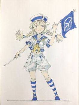 1girl ahoge blonde_hair blue_eyes blue_sailor_collar blue_shoes blue_socks blue_trim braid closed_mouth commentary dixie_cup_hat flag full_body hand_up hat highres holding holding_flag kneehighs midriff military_hat navel neckerchief original peace_symbol peter_salt sailor sailor_collar sailor_hat shirt shoes shorts smile socks solo standing striped_clothes striped_socks traditional_media twin_braids white_background white_hat white_shirt white_shorts yellow_neckerchief