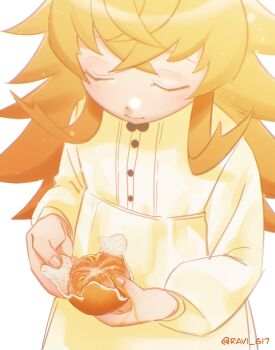 1girl absurdres blush brown_hair child closed_eyes closed_mouth dress dwarf flat_chest food fruit hair_between_eyes highres juliette_(mushoku_tensei) long_hair mandarin_orange mushoku_tensei peeling ravi-617 signature simple_background solo upper_body white_background white_dress