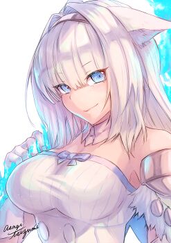 Rule 34 | 1girl, animal ears, asagi tsuzumi, blue eyes, blue fire, breasts, cat ears, commentary request, detached collar, dobrynya nikitich (fate), fate/grand order, fate (series), fire, flaming weapon, gloves, hairband, highres, large breasts, long hair, metal hairband, over shoulder, signature, weapon, weapon over shoulder, white gloves, white hair