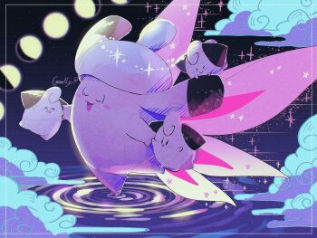 &gt;_&lt; blush_stickers clefable cleffa closed_eyes closed_mouth colored_skin commentary_request curled_tail curly_hair fairy_wings fukkatsu_no_maya gen_1_pokemon gen_2_pokemon gradient_wings highres mega_clefable mega_pokemon multicolored_wings nintendo no_humans open_mouth pink_skin pokemon pokemon_(creature) pokemon_focus smile wings