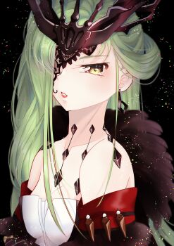 1girl absurdres breasts budgiepon c.c. cleavage code_geass collarbone cosplay genshin_impact green_hair headpiece highres long_hair looking_at_viewer medium_breasts parted_lips red_lips signora_(genshin_impact) signora_(genshin_impact)_(cosplay) solo upper_body yellow_eyes