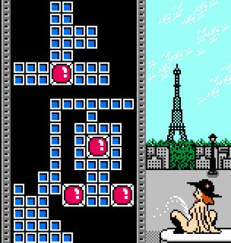 1girl arm_support ass black_boots black_eyes black_hat block_(object) bombliss boots breasts brown_hair building city cloud eiffel_tower flower from_behind hat hat_flower knee_boots lamppost long_hair medium_breasts nude peeing pixel_art saiwai_hiroshi sitting sky spread_legs sun_hat tetris tetris_2_+_bombliss