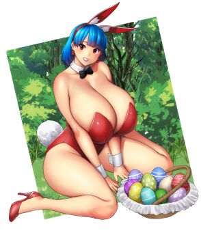 Rule 34 | 1girl, absurdres, basket, blue hair, blunt bangs, blush, bob cut, bow, bowtie, breasts, curvy, detached collar, earrings, easter, easter egg, egg, erkaz, fake ears, fake rabbit ears, fake rabbit tail, fake tail, grass, head tilt, high heels, highres, huge breasts, jewelry, looking at viewer, original, outdoors, parted lips, playboy bunny, pumps, rabbit ears, rabbit tail, red eyes, rina atherina, shiny skin, short hair, sitting, smile, solo, tail, thick thighs, thighs, tree, veins, veiny breasts, wariza, wide hips, wrist cuffs