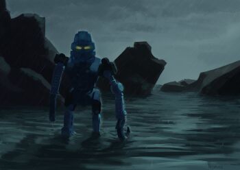 absurdres bionicle cloud cloudy_sky gali_(bionicle) highres hook humanoid_robot kanohi_(bionicle) looking_at_viewer mask neoruke partially_submerged rain robot rock shadow sky the_lego_group walking water yellow_eyes