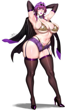 1girl absurdres animal_print areola_slip armpits arms_behind_head arms_up bikini blush breasts curvy earrings elbow_gloves eyewear_on_head full_body garter_straps gloves high_heels highleg highres honkai:_star_rail honkai_(series) jacket jewelry kafka_(honkai:_star_rail) large_breasts leopard_print lipstick looking_at_viewer makeup mature_female micro_shorts navel open_fly pubic_tattoo purple-tinted_eyewear purple_eyes purple_hair purple_lips round_eyewear shiny_skin short_shorts shorts simple_background skindentation solo standing stomach sunglasses swimsuit tattoo thick_thighs thighhighs thighs thong tinted_eyewear white_background xlx