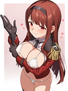 1girl absurdres adjusting_clothes adjusting_gloves arm_under_breasts bikini black_gloves black_hairband black_necktie black_thighhighs blush border breasts cleavage closed_mouth clothes_lift covered_navel cowboy_shot epaulettes gloves gradient_background hairband heart highres idolmaster idolmaster_million_live! jacket large_breasts long_hair long_sleeves micro_bikini milliani necktie open_clothes open_jacket outside_border pink_background red_eyes red_hair red_jacket shirt shirt_lift smile solo swimsuit tanaka_kotoha thighhighs very_long_hair white_bikini white_border white_shirt