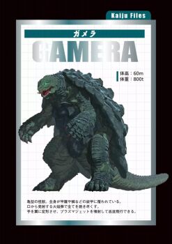 3d artist_request character_name character_profile reference_sheet claws engi_(animation_studio) english_text full_body gamera gamera_(series) gamera_-rebirth- giant giant_monster glowing glowing_eyes green_eyes grid_background japanese_text kadokawa kaiju monster no_humans official_art open_mouth promotional_art sea_monster sharp_teeth simple_background tail teeth text_focus tongue turtle turtle_shell tusks white_background