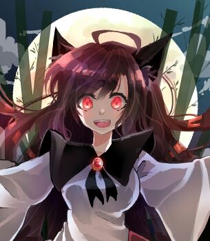 1girl ahoge animal_ears bamboo blue_sky breasts brooch brown_hair commentary_request dress full_moon imaizumi_kagerou jewelry long_hair long_sleeves looking_at_viewer medium_breasts moon night open_mouth red_eyes shinjitsu_no_kuchi sky smile solo teeth touhou upper_body upper_teeth_only white_dress wolf_ears wolf_girl