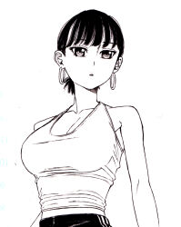 Rule 34 | 1girl, bad id, bad pixiv id, bare shoulders, black hair, breasts, cleavage, collarbone, dende (dndn222), earrings, greyscale, hair behind ear, highres, hoop earrings, jewelry, large breasts, looking at viewer, midriff, monochrome, open mouth, original, pants, scan, scan artifacts, shirt, short hair, solo, standing, tank top, track pants, traditional media