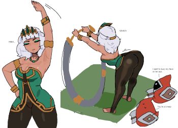 ass bent_over bracelet breasts cleavage coconuts_(artist) dark-skinned_female dark_skin ears english_text eyeshadow hair_ornament jewelry league_of_legends makeup medium_breasts necklace qiyana_(league_of_legends) short_hair thick_thighs thighs tiara tights_day translated white_hair