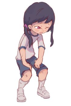 1girl absurdres black_hair child exhausted female_focus gym_uniform highres one_eye_closed open_mouth original orphira pink_eyes shirt shoes shorts socks solo standing sweat teeth twintails upper_teeth_only white_background