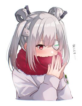 1girl commentary crossed_fingers double_bun eyepatch grey_hair hair_bun heaven_burns_red highres red_eyes rrtp scarf simple_background steam symbol-only_commentary yamawaki_bon_ivar