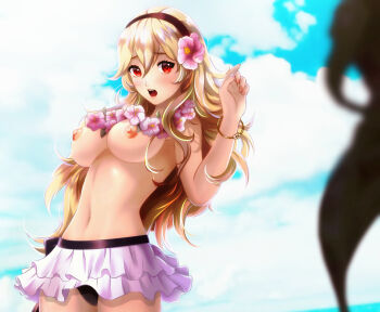 1girl absurdres arm_up bangle beach bikini bikini_bottom_only black_bikini black_trim blonde_hair blush bracelet breasts cloud female_corrin_(fire_emblem) female_corrin_(novice_vacationer)_(fire_emblem) embarrassed esther_shen fingernails fire_emblem fire_emblem_fates fire_emblem_heroes flower flower_necklace hair_between_eyes hair_flower hair_ornament hairband highres jewelry long_hair looking_at_viewer medium_breasts nail_polish navel necklace nintendo nipples parted_bangs parted_lips pink_nails red_eyes ribbon ribbon-trimmed_skirt ribbon_trim skirt solo solo_focus sun swimsuit swimsuit_skirt topless_female water wavy_hair white_bikini white_skirt wide_hips