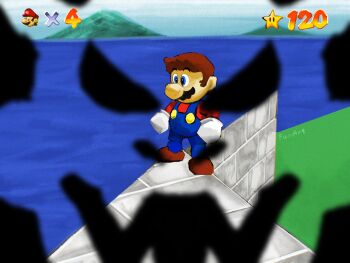1boy blue_eyes brown_hair facial_hair full_body game_over gloves highres male_focus mario mario_(series) meme mustache nintendo ocean overalls super_mario_64 water yamari_(ya_mari_6363)