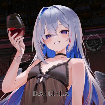 1girl amane_kanata babydoll bare_shoulders black_babydoll blue_hair blush cup flat_chest grey_hair highres holding holding_cup hololive long_hair multicolored_hair parted_lips purple_eyes see-through_babydoll see-through_clothes smallpine_7 smile solo two-tone_hair upper_body virtual_youtuber