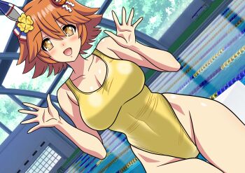 1girl animal_ears breasts collarbone commentary_request competition_swimsuit daruma_doll_hair_ornament hair_ornament highleg highleg_one-piece_swimsuit highres horse_ears horse_girl large_breasts looking_at_viewer matikanefukukitaru_(umamusume) one-piece_swimsuit open_mouth orange_hair pool short_hair smile solo standing swimsuit umamusume yellow_one-piece_swimsuit yuuyuu_(3jjbn)