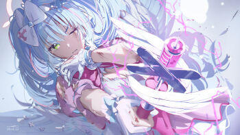 1girl absurdres alternate_costume alternate_hairstyle blue_archive blue_hair blue_wings bow breasts cleavage commentary_request dress feathered_wings gloves green_eyes hair_bow hairband halo highres holding holding_staff incredibly_absurdres large_breasts long_hair magical_girl mine_(blue_archive) pink_bow pink_dress pink_halo scar scar_across_eye scar_on_face solo staff tamagore torn_clothes torn_dress torn_gloves twintails white_bow white_gloves white_hairband wings