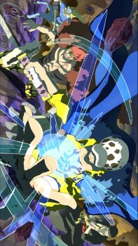 Rule 34 | 4boys, bandana, black bandana, black kimono, blonde hair, blood, blood on face, blue coat, chest tattoo, closed mouth, coat, coat on shoulders, commentary request, denim, devil fruit power, eustass kid, facial hair, goatee, goggles, goggles on head, hat, highres, holding, holding sword, holding weapon, japanese clothes, jeans, killer (one piece), kimono, male focus, multiple boys, one piece, pants, red hair, roronoa zoro, scar, scar on chest, shirt, sword, tattoo, trafalgar law, twitter username, u ta p, weapon, wind, yellow shirt