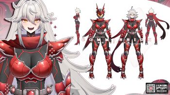 1girl absurdres armor black_bodysuit bodysuit boobplate breastplate breasts commentary commission english_commentary fangs grey_hair highres indie_virtual_youtuber kamen_rider karandrawz long_hair medium_breasts multiple_views official_art open_mouth red_armor red_scarf reference_sheet rider_belt scarf upper_body yellow_eyes zentreya zentreya_(zenrider)