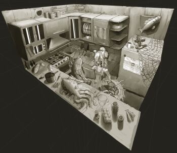 absurdres bread bug centipede commentary crab cup egg english_commentary fish food highres kitchen knife koshevan long_hair microwave original perspective plate refrigerator see-through_body sink squid veins ventilator white_hair