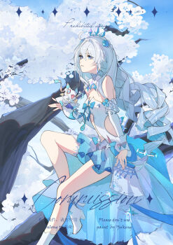 1girl absurdres ahoge bare_shoulders blue_eyes blue_sky breasts clothing_cutout commentary_request dress high_heels highres honkai_(series) honkai_impact_3rd kiana_kaslana kiana_kaslana_(ba-dum!_fiery_wishing_star) kiana_kaslana_(wintery_wishes) long_hair medium_breasts official_alternate_costume rice_cake_(honkai_impact) side_cutout sky snake solo tiara tree very_long_hair white_dress white_hair yuking-