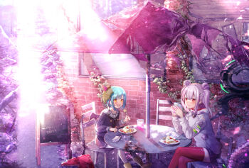 2girls absurdres bungo_yayoi commentary_request cup double_bun eating fake_horns fork green_hair grey_hair hair_bun heaven_burns_red helmet highres holding holding_cup holding_fork horned_helmet horns menu_board multiple_girls patio_umbrella red_eyes short_hair sitting takanishi_takashi thighhighs umbrella yamawaki_bon_ivar
