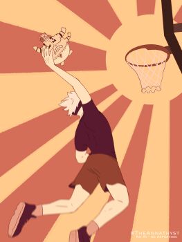 1boy absurdres artist_name basketball_hoop black_shirt blindfold character_ball commentary deformed english_commentary gojou_satoru highres jujutsu_kaisen jumping pectorals ryoumen_sukuna_(jujutsu_kaisen) ryoumen_sukuna_(true_form)_(jujutsu_kaisen) shirt shoes short_hair slam_dunk_(basketball) sneakers theannathyst twitter_username white_hair