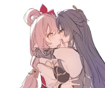 2girls absurdres bare_shoulders blush breasts couple dress elf elysia_(herrscher_of_human:_ego)_(honkai_impact) elysia_(honkai_impact) elysia_(peachy_spring)_(honkai_impact) flower hair_between_eyes hair_flower hair_ornament hair_ribbon hand_on_another's_back hand_on_another's_chin hand_on_another's_waist highres honkai_(series) honkai_impact_3rd imminent_kiss large_breasts long_hair looking_at_another multiple_girls pink_eyes pink_hair pointy_ears purple_dress purple_hair raiden_mei raiden_mei_(herrscher_of_thunder) raiden_mei_(rainy_springtide) red_dress red_ribbon ribbon roena very_long_hair white_background yuri