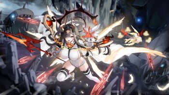 2girls azur_lane black_hair black_halo breasts chain colored_inner_hair covered_navel creature explosion fighting from_side game_cg gloves halo highres horns huge_breasts leotard long_hair lyme_(azur_lane) monster multicolored_hair multiple_girls non-web_source polearm red_gloves rigging sao_martinho_(azur_lane) sideboob spear squid weapon white_background white_hair white_leotard wings yellow_eyes