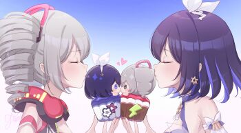Rule 34 | 2girls, absurdres, bare shoulders, blue eyes, blue hair, blush, bow, bronya zaychik, character doll, chibi, closed eyes, closed mouth, colored inner hair, cup, cupcake, doll, dress, drill hair, earrings, eye contact, facing another, food, grey eyes, grey hair, hair between eyes, hair bow, hair ribbon, headphones, headphones around neck, highres, holding, honkai (series), honkai impact 3rd, imminent kiss, jewelry, kiss, looking at another, multicolored hair, multiple girls, ribbon, rinna (xxrinna), seele vollerei, seele vollerei (stygian nymph), seele vollerei (stygian seafoam), short hair, twin drills, upper body, yuri