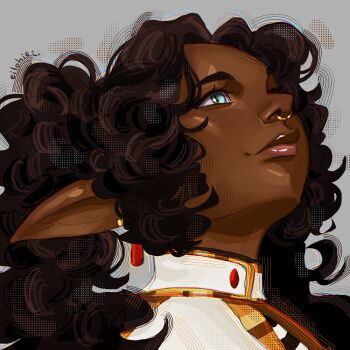 1girl alternate_hair_color alternate_hairstyle alternate_skin_color artist_name brown_hair capelet curly_hair dark-skinned_female dark_skin earrings eilohie face_piercing frieren gold_trim green_eyes grey_background highres jewelry lips long_pointy_ears looking_up meme nose_piercing nose_ring photo-referenced piercing pointy_ears shirt simple_background smile solo sousou_no_frieren sparkling_eyes striped_clothes striped_shirt teardrop_earrings upper_body upward_angle_frieren_drawing_(meme) white_capelet