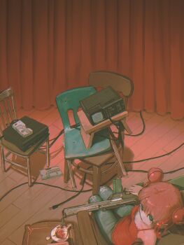 1girl absurdres bell blue_eyes breasts brown_hair cable chair chair_stack couch crt curtains denim from_above gun hair_bell hair_ornament highres holding holding_gun holding_weapon jeans notfuji on_couch original pants red_skirt shirt short_hair sitting skirt sleeveless sleeveless_shirt small_breasts solo static table teabag television torn_clothes torn_jeans torn_pants videocassette_recorder weapon wooden_chair wooden_floor