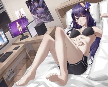 1girl alternate_costume barefoot bikini black_bikini black_shorts blunt_bangs blurry depth_of_field desk emlia07973290 fan_hair_ornament feet foot_focus game_screenshot genshin_impact hair_ornament hand_on_own_stomach hashtag-only_commentary highres indoors knees_up looking_to_the_side lying mole mole_under_eye on_back on_bed pillow poster_(object) purple_eyes purple_hair raiden_shogun screencap shade short_shorts shorts soles solo sportswear stomach swimsuit toes window yae_miko