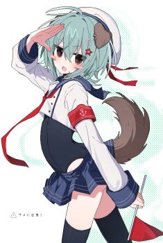 1other absurdres ahoge anchor_symbol animal_ears armband black_one-piece_swimsuit black_thighhighs blue_sailor_collar blue_skirt blush_stickers commentary cowboy_shot dog_ears dog_tail eyes_visible_through_hair flag gil_(gil_261) green_eyes hair_between_eyes hair_ornament hat highres holding holding_flag jaggy_lines jitome long_sleeves necktie one-piece_swimsuit open_mouth original other_focus pleated_skirt red_armband red_necktie red_ribbon ribbon sailor_collar sailor_hat sailor_shirt salute shirt skirt smile star_(symbol) star_hair_ornament swimsuit tail thighhighs translation_request white_hat white_shirt