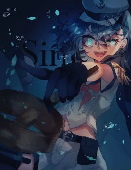 1girl :d air_bubble anchor_symbol black_gloves blue_eyes blue_hair bubble buttons commentary_request cowboy_shot gloves hat hishaku looking_at_viewer murasa_minamitsu neckerchief one-hour_drawing_challenge open_mouth red_neckerchief shinjitsu_no_kuchi shirt shorts smile solo teeth touhou underwater upper_teeth_only water white_hat white_shirt white_shorts