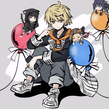 2boys 2girls animal_ears animal_hood animated animated_gif balloon belt black_coat black_hair black_vest blonde_hair brown_eyes brown_hair cat_hood cellphone chibi closed_eyes coat denim dress ear_piercing face_mask fake_animal_ears fake_tail fingerless_gloves furesawa_tosai gloves green_ribbon hair_ribbon hime_cut holding holding_phone hood hoodie jeans kanade_rindo long_hair mask mouth_mask multicolored_hair multiple_boys multiple_girls open_mouth orange_hoodie pants pants_rolled_up phone piercing plaid_clothes plaid_dress plaid_pants purple_hair ribbon sakurane_shoka shin_subarashiki_kono_sekai shirt sitting smartphone smile streaked_hair subarashiki_kono_sekai tail twintails undercut usui_nagi vest white_shirt wristband