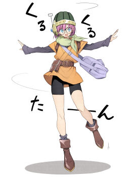 10mo 1girl belt bike_shorts blue_eyes chrono_trigger full_body glasses helmet highres looking_at_viewer lucca_ashtear open_mouth purple_hair scarf short_hair simple_background smile solo white_background