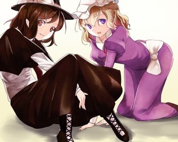 Rule 34 | 2girls, between legs, black boots, black capelet, black hat, black skirt, blonde hair, boots, bow, breasts, brown eyes, brown hair, brown shoes, capelet, commentary, contrast collar, dress, hair ribbon, hand between legs, hand rest, hat, hat bow, juliet sleeves, kneeling, long dress, long skirt, long sleeves, looking at viewer, maribel hearn, medium hair, mob cap, multiple girls, nanasumi (pantie party project), neck ribbon, open mouth, puffy sleeves, purple dress, purple eyes, red ribbon, ribbon, sash, shirt, shirt tucked in, shoes, sitting, skirt, touhou, usami renko, white bow, white hat, white ribbon, white sash, white shirt
