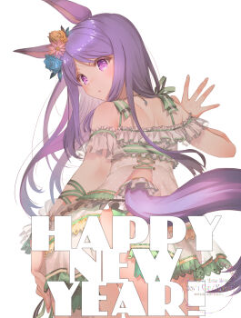 1girl animal_ears ass back bikini blue_flower blue_rose convenient_censoring cowboy_shot flower frilled_bikini frills from_behind green_bikini hair_flower hair_ornament highres horse_ears horse_girl horse_tail long_hair looking_at_viewer looking_back mejiro_mcqueen_(ripple_fairlady)_(umamusume) mejiro_mcqueen_(umamusume) mitsumi_misato pink_flower purple_eyes rose simple_background solo swimsuit tail umamusume watermark white_background yellow_flower yellow_rose