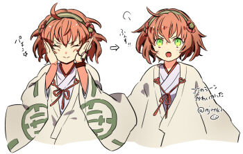 Rule 34 | 1girl, ahoge, green eyes, hairband, hands on own face, haori, japanese clothes, kimono, log horizon, looking at viewer, minori (log horizon), multiple views, nko21, open mouth, orange hair, short hair, simple background, solo focus, twitter username, upper body, white background, white kimono, wide sleeves