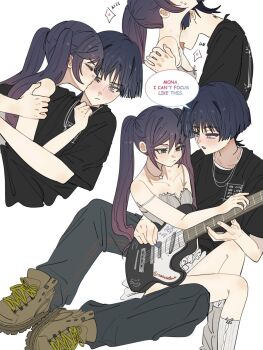 1boy 1girl artistic_error bare_shoulders birthmark black_hair black_shirt black_sleeves blunt_bangs blunt_ends blush breasts brown_shoes camisole cheek_bulge choppy_bangs cleavage closed_eyes closed_mouth collarbone couple cross-laced_shoes electric_guitar embarrassed empty_eyes eyelashes facing_another facing_up flirting frilled_skirt frills genshin_impact girl_on_top gradient_hair grey_camisole grey_eyes grey_pants guitar hair_between_eyes hand_on_another's_arm hand_on_another's_chest hand_on_another's_shoulder heart hetero hickey highres holding holding_another's_arm holding_guitar holding_instrument instrument jewelry kiss kissing_cheek licking licking_another's_neck long_hair looking_at_another looking_at_viewer looking_down moaning mona_(genshin_impact) multicolored_hair multiple_views necklace one_eye_closed pants pink_hair puckered_lips red_trim ribbed_socks scaramouche_(genshin_impact) sequential shirt shoes short_sleeves sidelocks silver_necklace sitting_between_lap skirt small_breasts socks spaghetti_strap spoken_heart star_pendant strap_slip swept_bangs tongue tongue_out tsurime twintails white_background white_skirt white_socks ysnden