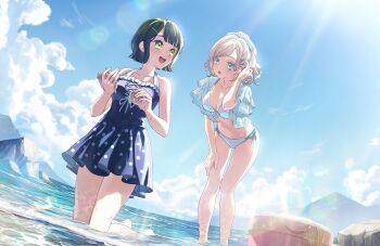 Rule 34 | 2girls, :d, :o, barefoot, beach, bent over, bikini, black hair, blue eyes, blue jacket, blue one-piece swimsuit, blue ribbon, blue sky, blunt bangs, blunt ends, bob cut, breasts, ceras yanagida lilienfeld, ceras yanagida lilienfeld (swimsuit), cleavage, cloud, collarbone, day, dress swimsuit, dutch angle, eye contact, fisheye, flipped hair, frilled one-piece swimsuit, frilled sleeves, frills, front-tie bikini top, front-tie top, game cg, green eyes, grey hair, hair ornament, hair ribbon, hairclip, highres, holding, holding seashell, holding shell, horizon, jacket, jacket over swimsuit, kneeling, link! like! love live!, looking at another, looking back, love live!, medium breasts, medium hair, momose ginko, momose ginko (swimsuit), multiple girls, navel, non-web source, official art, one-piece swimsuit, open clothes, open jacket, open mouth, outdoors, parted lips, polka dot one-piece swimsuit, ribbon, sand bucket, seashell, shell, short-sleeved jacket, short hair, short sleeves, side-tie bikini bottom, sky, smile, standing, string bikini, swimsuit, teeth, upper teeth only, virtual youtuber, white bikini