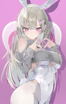 1girl absurdres animal_ear_hairband animal_ears barbell_piercing bare_shoulders bracelet breasts clothing_cutout commentary_request covered_navel cropped_sweater cross-laced_sweater earrings fake_animal_ears fake_tail grey_hair grey_sweater hair_ornament hairband hairclip heart heart-shaped_pupils heart_bracelet heart_hair_ornament highleg highleg_leotard highres jewelry large_breasts leotard long_hair long_sleeves looking_at_viewer momochi_tamalu nail_art off-shoulder_sweater off_shoulder original pantyhose piercing pink_background pink_eyes pink_nails playboy_bunny plunging_neckline rabbit_ear_hairband rabbit_ears rabbit_tail ribbed_sweater shoulder_cutout solo spiked_ear_piercing sweater symbol-shaped_pupils tail very_long_hair white_leotard white_pantyhose