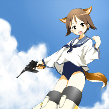 00s 1girl animal_ears brown_eyes brown_hair female_focus gun hamao handgun mauser_c96 miyafuji_yoshika no_pants one-piece_swimsuit pistol school_swimsuit school_uniform serafuku short_hair solo strike_witches striker_unit swimsuit swimsuit_under_clothes tail weapon world_witches_series