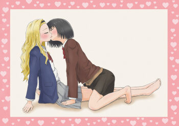 2girls barefoot black_hair black_hairband black_skirt blazer blonde_hair blue_jacket blush border brown_jacket closed_eyes commentary grey_skirt hairband highres jacket kirarazaka_marina kiss kuze_shizuka long_hair massa79 multiple_girls neck_ribbon pink_border pleated_skirt red_ribbon ribbon school_uniform shirt short_hair skirt takopii_no_genzai toes white_shirt yellow_background yuri