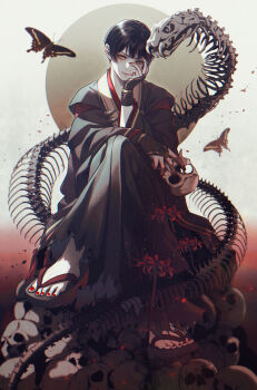 Rule 34 | 1boy, absurdres, armor, axis powers hetalia, black butterfly, black hair, black hakama, black pants, black slippers, bracelet, bug, butterfly, closed mouth, commentary, crossed arms, eyeshadow, fingernails, flower, full body, full moon, gold bracelet, gold ring, gradient background, hakama, hakama pants, hand on own face, hand up, highres, holding, holding skull, insect, japan (hetalia), japanese armor, japanese clothes, jewelry, kariginu, kote, kurokote, long sleeves, looking at viewer, makeup, male focus, moon, nail polish, npyon, pants, red background, red eyeshadow, red flower, red nails, red shirt, shirt, short hair, sitting, skeleton, skull, slippers, smile, solo, spider lily, symbol-only commentary, toenail polish, toenails, torn clothes, torn pants, white background, wide sleeves, yellow eyes