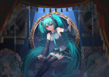 1girl absurdres aqua_eyes aqua_hair aqua_necktie aqua_trim arm_tattoo bare_shoulders black_boots black_skirt blush boots breasts collared_shirt commentary_request detached_sleeves feet_out_of_frame grey_shirt hair_between_eyes hair_ornament hatsune_miku highres long_hair long_sleeves looking_at_viewer medium_breasts miniskirt mn_meinona necktie number_tattoo open_mouth pleated_skirt shirt skirt sleeveless sleeveless_shirt smile solo tattoo thigh_boots thighhighs twintails very_long_hair vocaloid wide_sleeves zettai_ryouiki